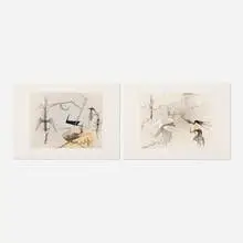 Two works from the Visible Invisible portfolio by Wifredo Lam, 1972, etching and aquatint in colors on Goya wove, sold May 2025