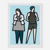 Julian Opie, Lydia and Garrett (from the Standing Couples series), 2024, hand-colored relief with collage on museum board mounted to foamboard in artist's frame