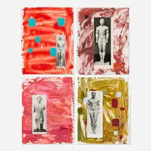 Red and Green Standing Greeks (quadriptych) by Richard Hawkins, 2010, oil and collage on paper, sold Apr 2025