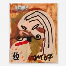 Jonathan Meese, Partei Johnny de Nonnie Spielballi, 2007, oil and printed paper collage on canvas