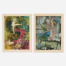 Two works from the Centre noeuds portfolio by Roberto Matta, 1974, aquatint in colors, sold Dec 2025
