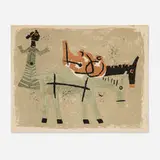 M. F. Husain, Untitled (Woman with Two Donkeys), 1960, lithograph in colors