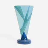 Futura Big Blue Triangle vase, model 388-9 by Roseville Pottery, c. 1928, glazed earthenware, sold Jan 2024