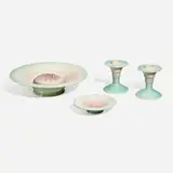 Roseville Pottery, Fine and Rare Futura Flying Saucer console set, c. 1928, glazed earthenware