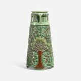 Rare three-handled Della Robbia vase with oak trees by attribution for Roseville Pottery Frederick Hurten Rhead, sold Jan 2024
