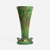 Weller Pottery, Coppertone vase with four frogs and arrowhead plants