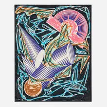Frontispiece, from Illustrations after El Lissitsky's Had Gadya by Frank Stella, 1984, lithograph in colors, linocut, screenprint in colors with hand-coloring and collage on black T.H. Saunders, sold Dec 2024