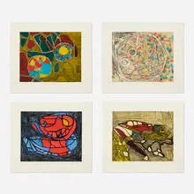 Terry Winters, Four works from the Models for Synthetic Pictures portfolio, 1994, etching and aquatint in colors on Gampi laid to Lana Gravure