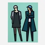 Julian Opie, Jade and Julia (from the Standing Couples series), 2024, hand-colored relief with collage on museum board mounted to foamboard in artist's frame