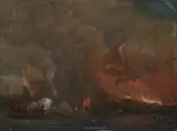 Van der Vell, Ship in Flames on the Sea, SHIP IN FLAMES ON THE SEA, oil on canvas