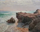 Ulrich Fisher, Rocky Coastline at Dawn, Oil on canvas