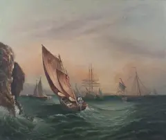 Mary K. Kellogg, Ships at Sea Near Cliff, SHIPS AT SEA NEAR CLIFF, oil on canvas
