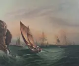Mary K. Kellogg, Ships at Sea Near Cliff, SHIPS AT SEA NEAR CLIFF, oil on canvas