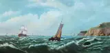 Harkness, Boats at Sea Off Cliffs, Oil on canvas