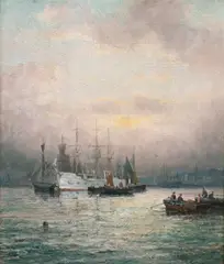 Hubert Anslow Thornley, Cruiser Ship and Sailboats Under Lavender Skies, Oil on canvas