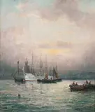 Hubert Anslow Thornley, Cruiser Ship and Sailboats Under Lavender Skies, Oil on canvas