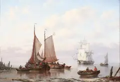 George W. Opdenhoff, Ships at Shore with Seamen, Oil on canvas