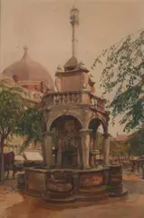 Adolphe Forestier, City Fountain, Watercolor