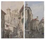 CITY STREET SCENE and MOUNTAIN TOWN: TWO WORKS by Continental School, Watercolor, sold Apr 2010