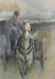 Heinrich August Schwabe, Man with Pipe in Horse-Drawn Cart, Watercolor