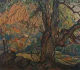 William Lester Stevens, Landscape with Old Tree and Wagon Wheel