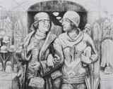Kenneth Hayes Miller, Women Shopping, Hinged to mat at top edge; few areas toning upper left margin (unobtrusive); scattered faint ink smudges in margins; slightly uneven registration