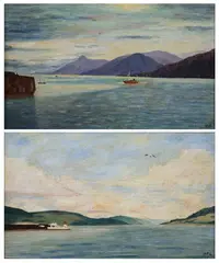 J. R. P, LOOK OUT POINT and SAILBOATS AT DUSK: TWO WORKS, first, Oil on board