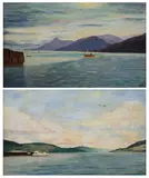 J. R. P, LOOK OUT POINT and SAILBOATS AT DUSK: TWO WORKS, first, Oil on board