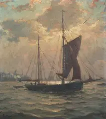 Paul Wolde, Fishing Schooner in Hamburg Harbor, Oil on canvas