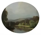 American School, Landscape with Boat and Distant Church Steeple, LANDSCAPE WITH BOAT AND DISTANT CHURCH STEEPLE, oil on canvas