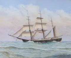 James Cree, Three-Masted Schooner at Sea, Watercolor
