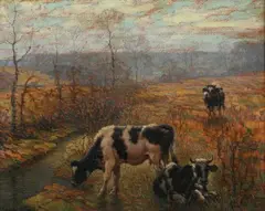 Benson B Moore, Cows in Potomac Valley Landscape, Oil on board