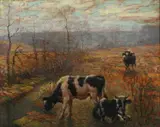 Benson B Moore, Cows in Potomac Valley Landscape, Oil on board