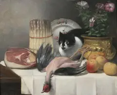 Guillaume Romain Fouace, Table Top with Cat and Game, Oil on canvas