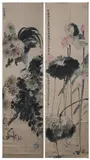 Qi Baishi, Untitled, GOOSE AND LOTUS/ROOSTER AND CHRYSANTHEMUM, two ink and color on paper scrolls, signed and sealed