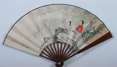 Wang Shuhui, Untitled, TWO MEIREN UNDER PRUNUS TREE, ink and color on paper fan, signed and sealed, dated 1939