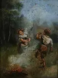 Couple Dancing Around Bonfire by Continental School, COUPLE DANCING AROUND BONFIRE, oil on panel, offered Jun 2010