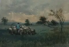 A. T. Bazane, Shepherd with His Flock, Watercolor