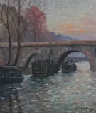 H. de Nantois, Houseboats on the Seine, Oil on canvas