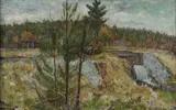 American School, Waterfalls in Maine with Cabin, Oil on canvas