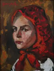 Alfred Czerepak, Portrait of Woman in Red Kerchief, Oil on board