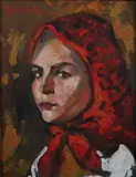 Alfred Czerepak, Portrait of Woman in Red Kerchief, Oil on board