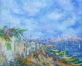 Robert Feuer, Coastal Town, Oil on board