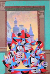 Anatole Krasnyansky, Gold and Teal Overlooking the City, 2005, Color serigraph
