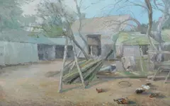 Barnyard with Ducks by Jonas Lie, BARNYARD WITH DUCKS, oil on canvas, sold Jun 2010