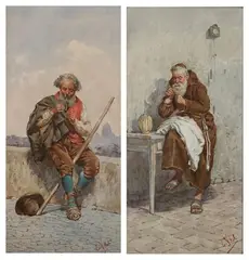 Edourd Vitali, MONK SEWING and TRAVELER AT REST: TWO WORKS, each signed lower right, Watercolor