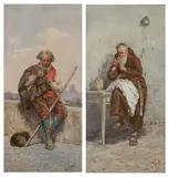Edourd Vitali, MONK SEWING and TRAVELER AT REST: TWO WORKS, each signed lower right, Watercolor