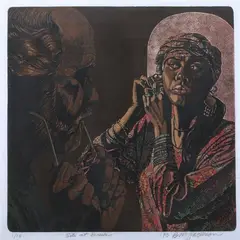Billy Morrow Jackson, Siti at Dusk (Self-Portrait with Wife), Color reduction block print.
