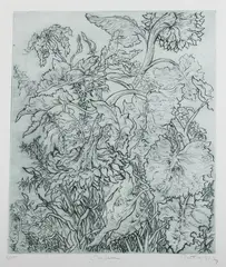 Gabor Peterdi, Sunflowers, Drypoint