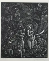 The Bite from "Fables with a Twist" by Fritz Eichenberg, Woodcut, sold Jul 2010